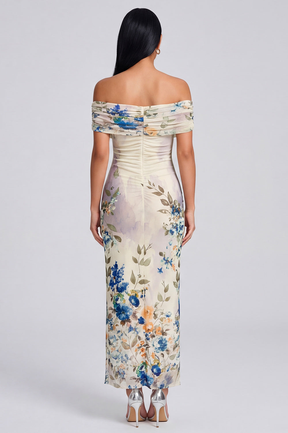Off the Shoulder Sheath Ruched Ivory Floral Maxi Formal Dress