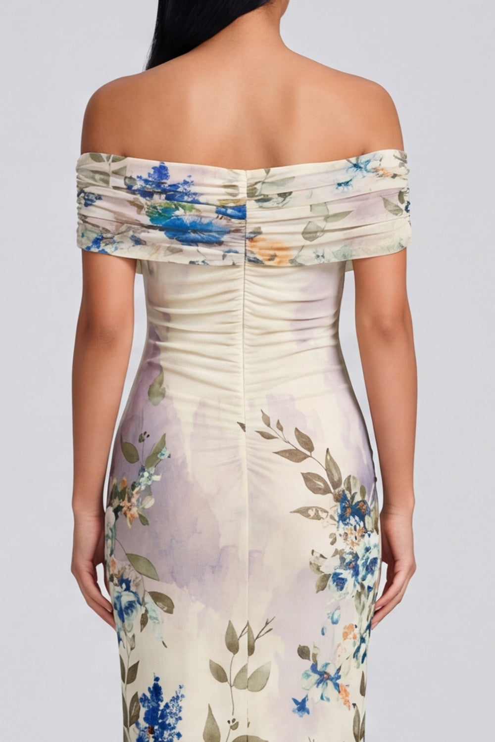 Off the Shoulder Sheath Ruched Ivory Floral Maxi Formal Dress