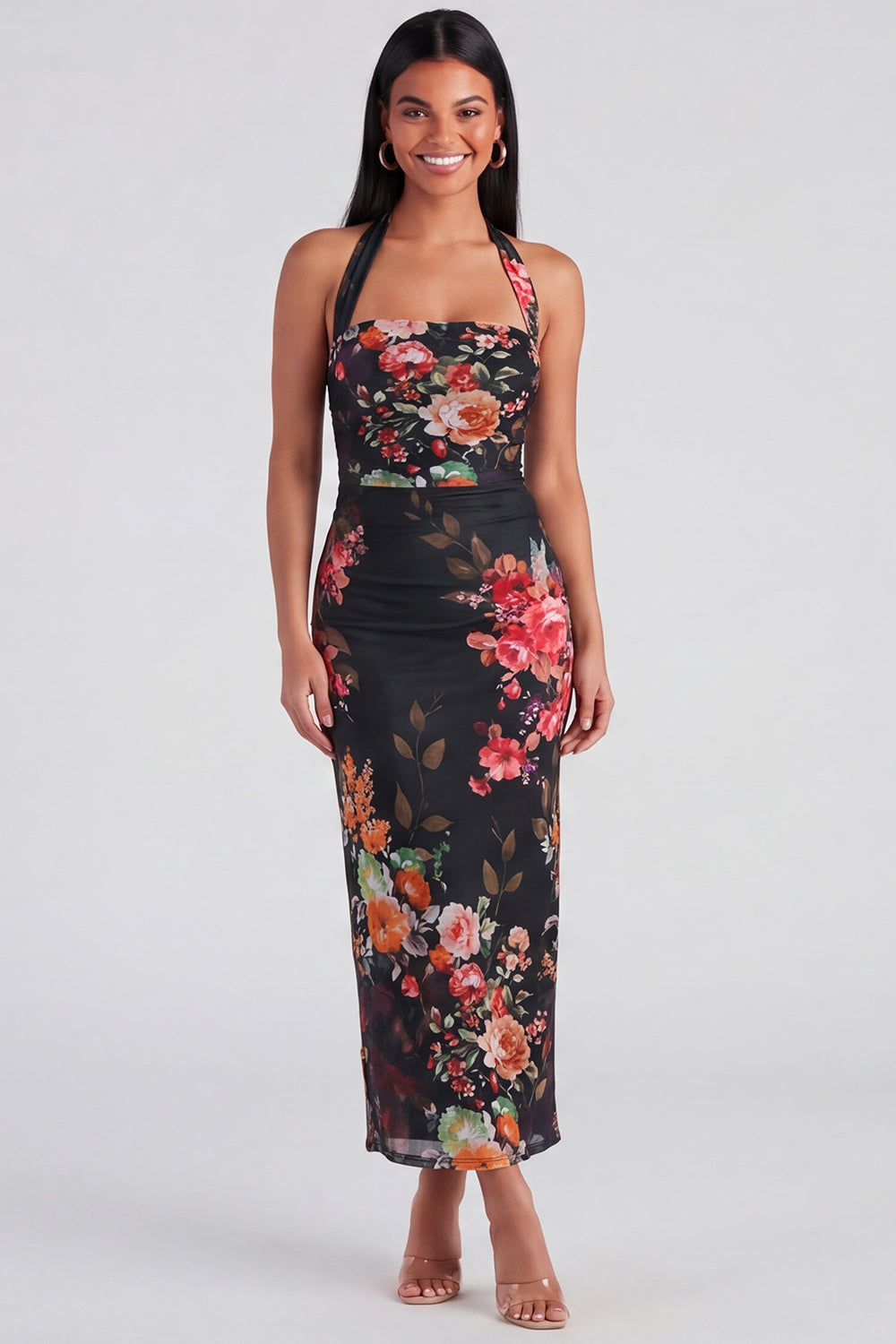 Halter Sheath Ruched Champagne Floral Maxi Formal Dress