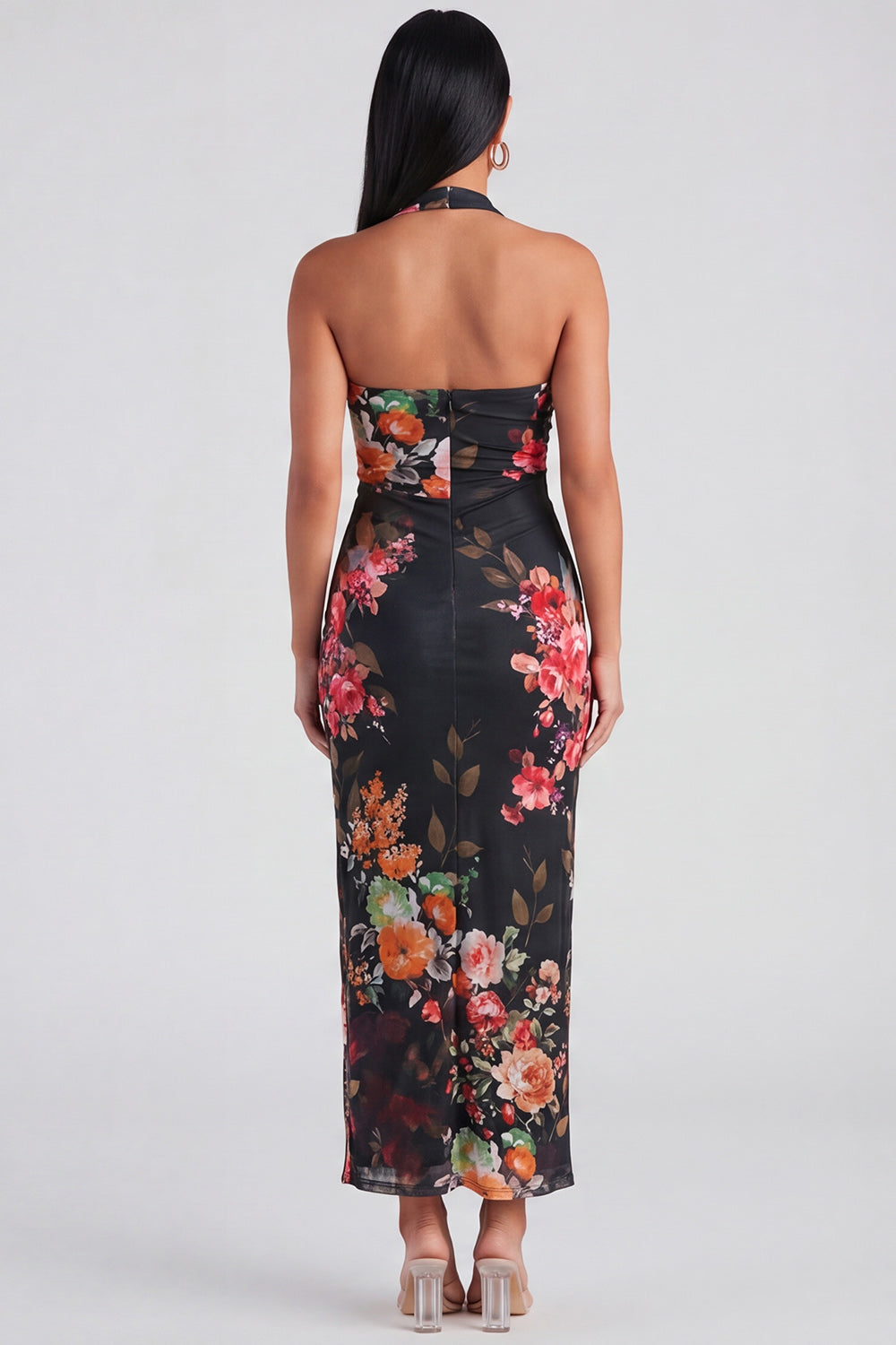Halter Sheath Ruched Champagne Floral Maxi Formal Dress