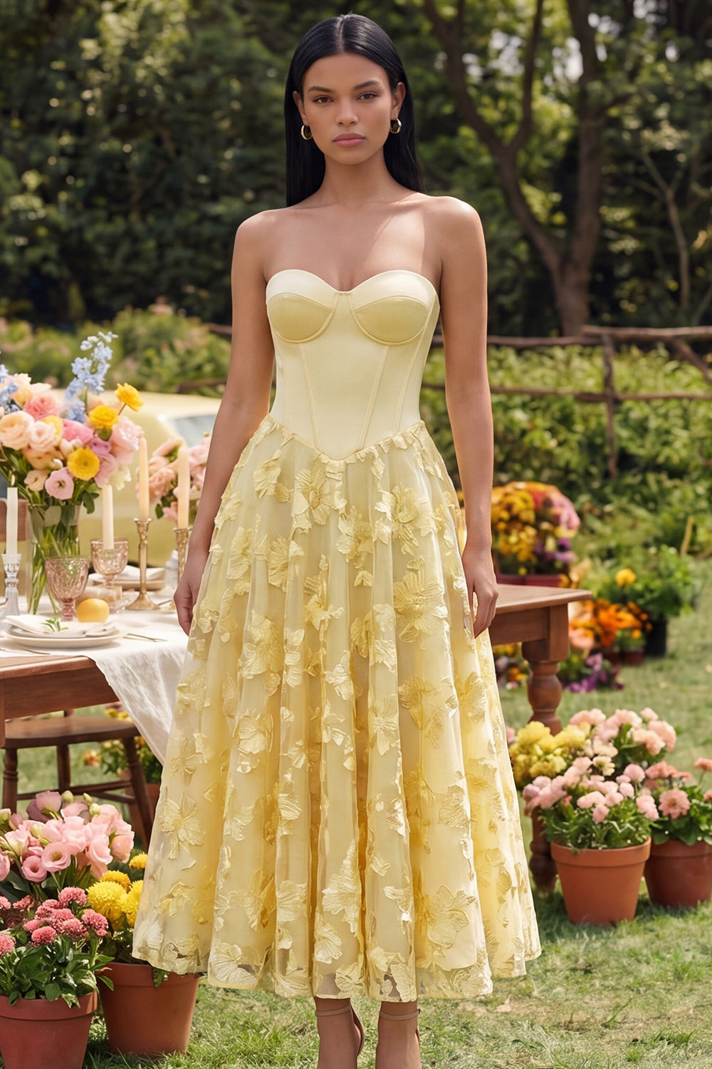 Butter Yellow Basque Waist Corset Maxi Floral A Line Formal Dress