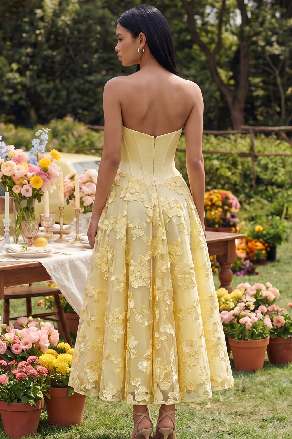 Butter Yellow Basque Waist Corset Maxi Floral A Line Formal Dress