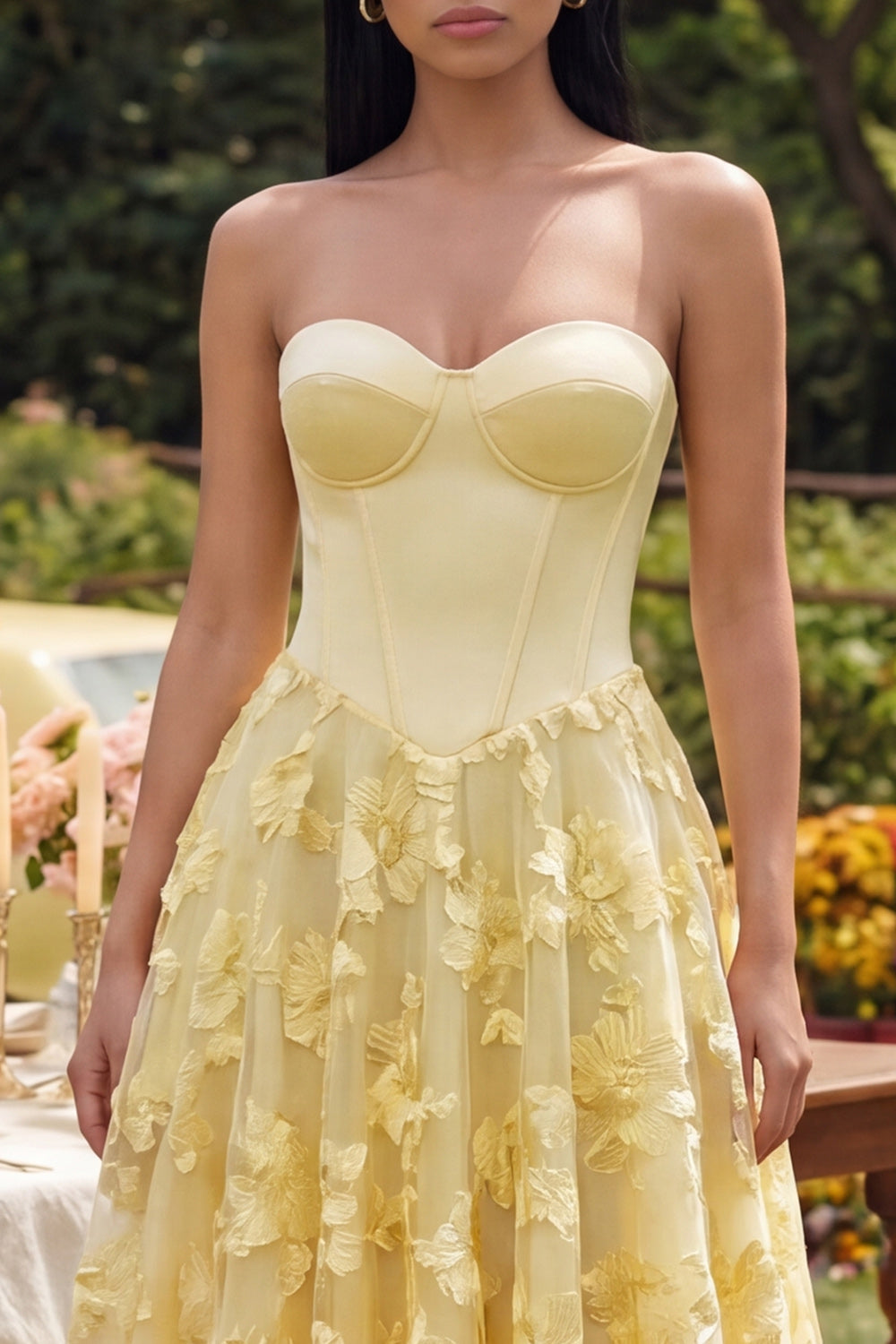 Butter Yellow Basque Waist Corset Maxi Floral A Line Formal Dress