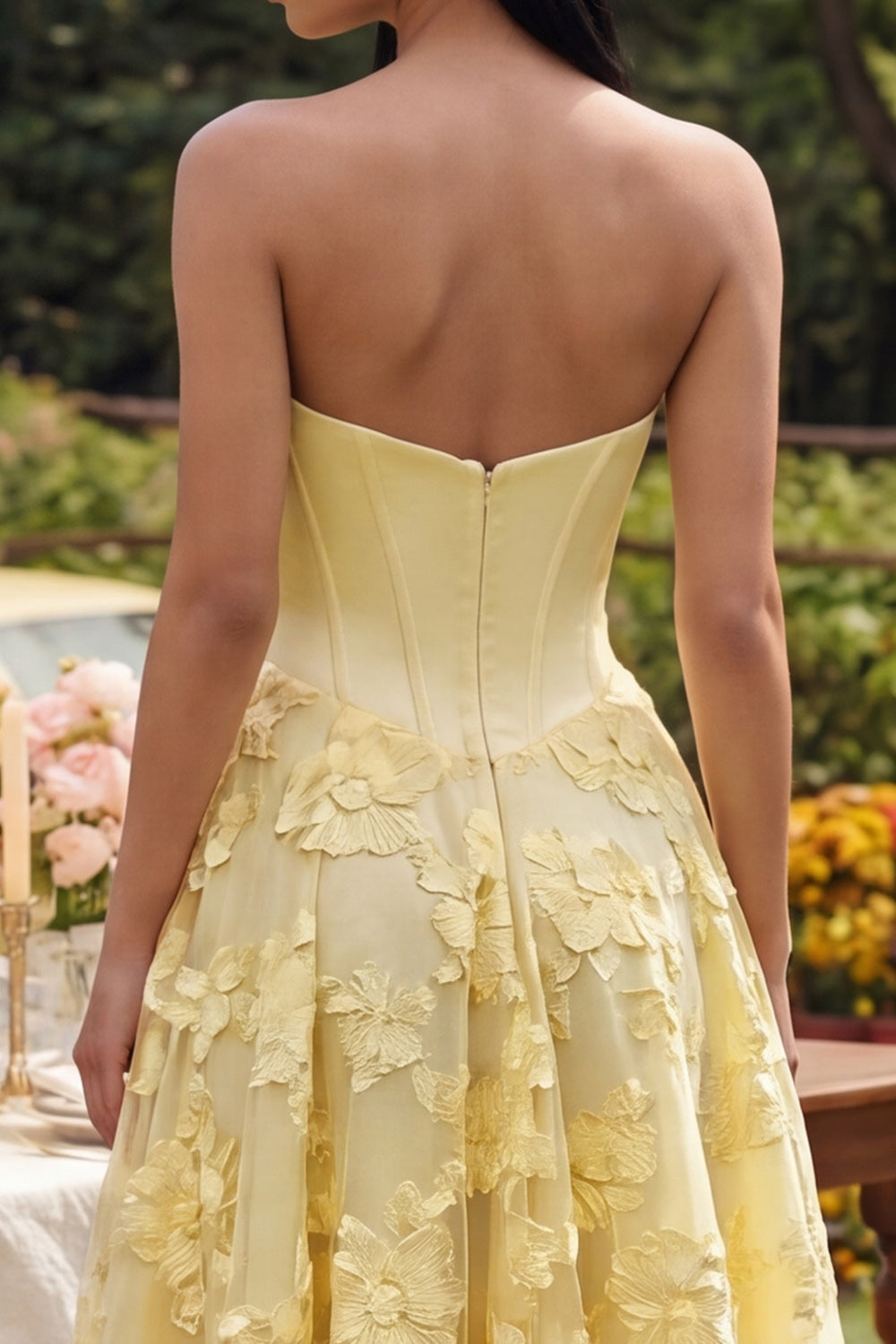 Butter Yellow Basque Waist Corset Maxi Floral A Line Formal Dress