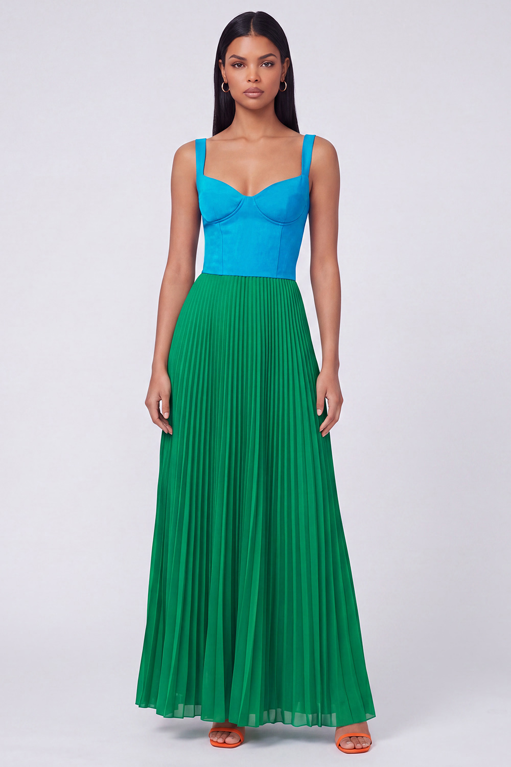 Orange and Fuchsia Long Color Block Patchwork A Line Formal Dress with Pleats