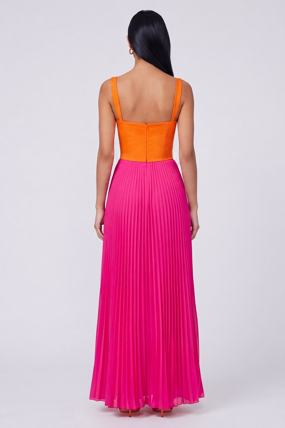 Orange and Fuchsia Long Color Block Patchwork A Line Formal Dress with Pleats