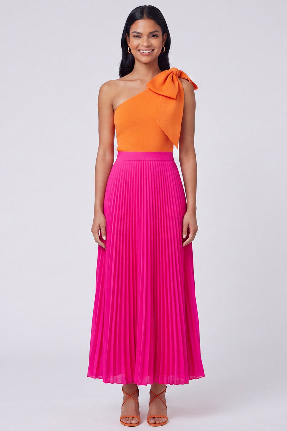 Pleated Color Block Patchwork Orange and Fuchsia Long Formal Dress with Bow