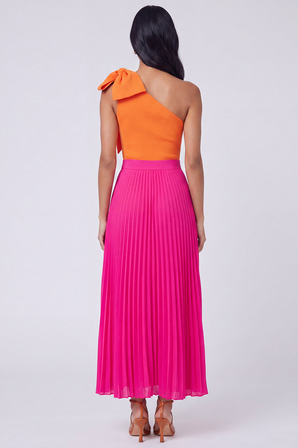 Pleated Color Block Patchwork Orange and Fuchsia Long Formal Dress with Bow