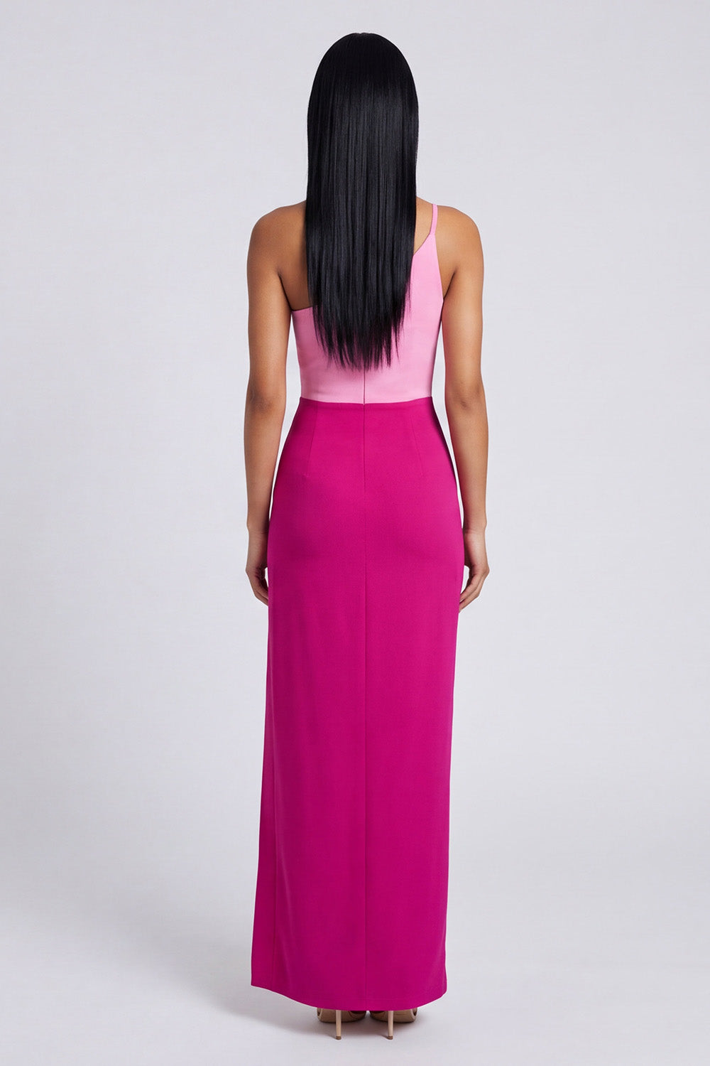 Pink and Fuchsia Color Block Patchwork Long Sheath Formal Dress with Slit
