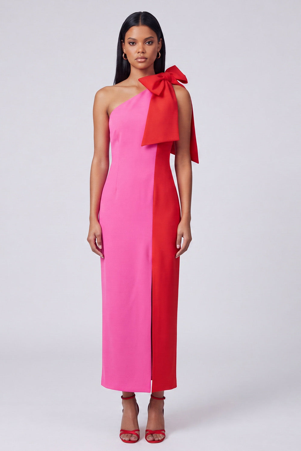 Fuchsia and Red Color Block Patchwork Sheath Long Formal Dress with Bow