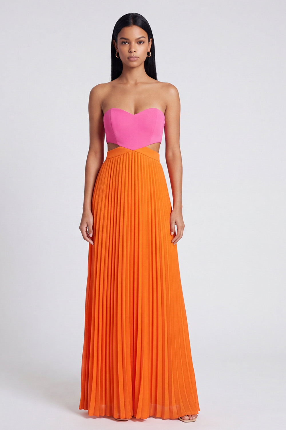 Pink and Orange Empire Waist Color Block Patchwork Long Pletaed Formal Dress