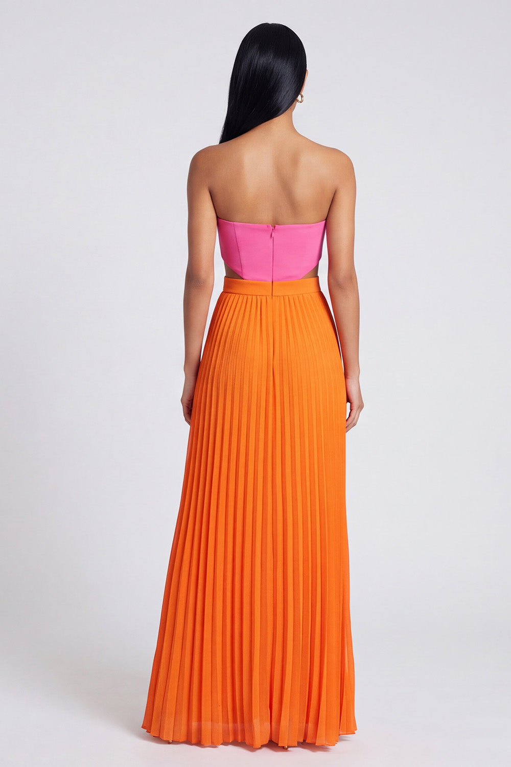 Pink and Orange Empire Waist Color Block Patchwork Long Pletaed Formal Dress