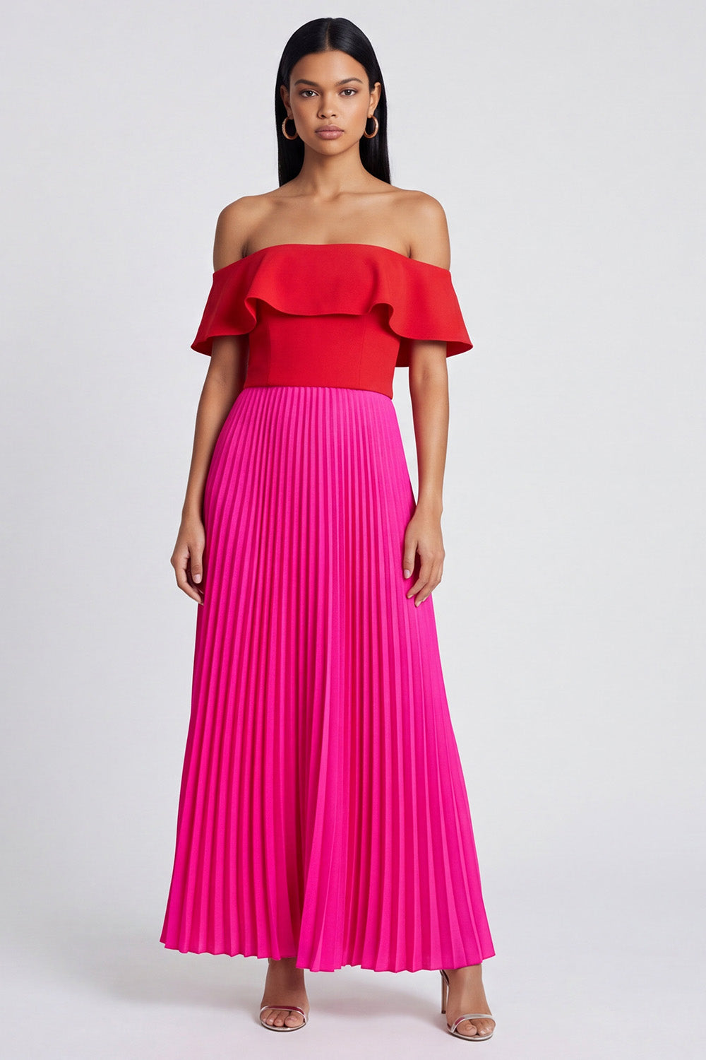 A Line Fuchsia and Red Long Color Block Patchwork Formal Dress with Pleats