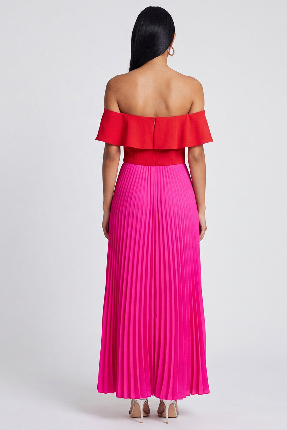 A Line Fuchsia and Red Long Color Block Patchwork Formal Dress with Pleats