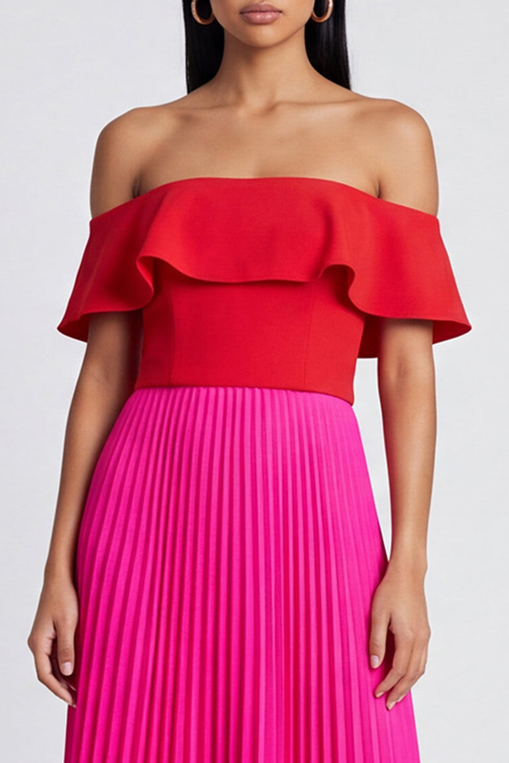 A Line Fuchsia and Red Long Color Block Patchwork Formal Dress with Pleats