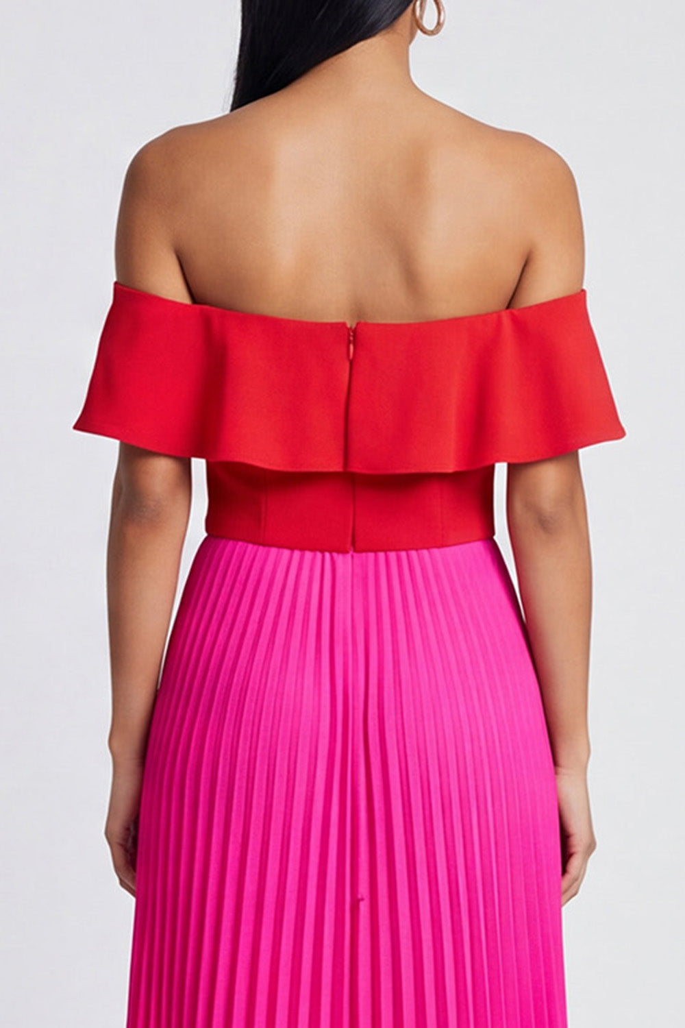 A Line Fuchsia and Red Long Color Block Patchwork Formal Dress with Pleats