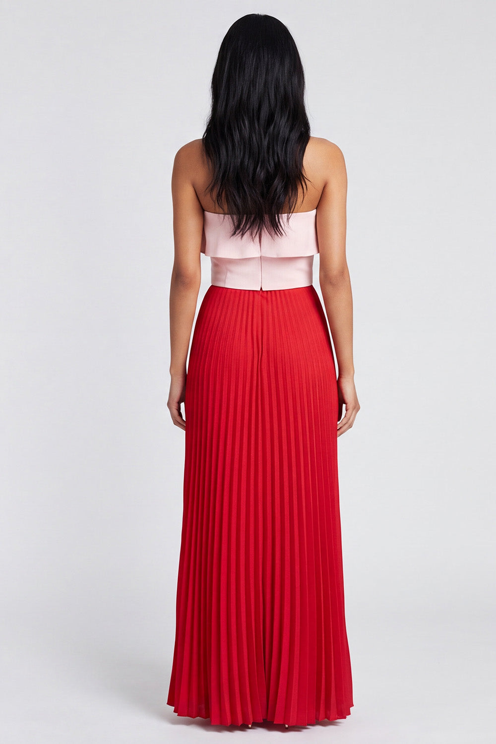 A Line Pink and Red Long Color Block Patchwork Formal Dress with Pleats