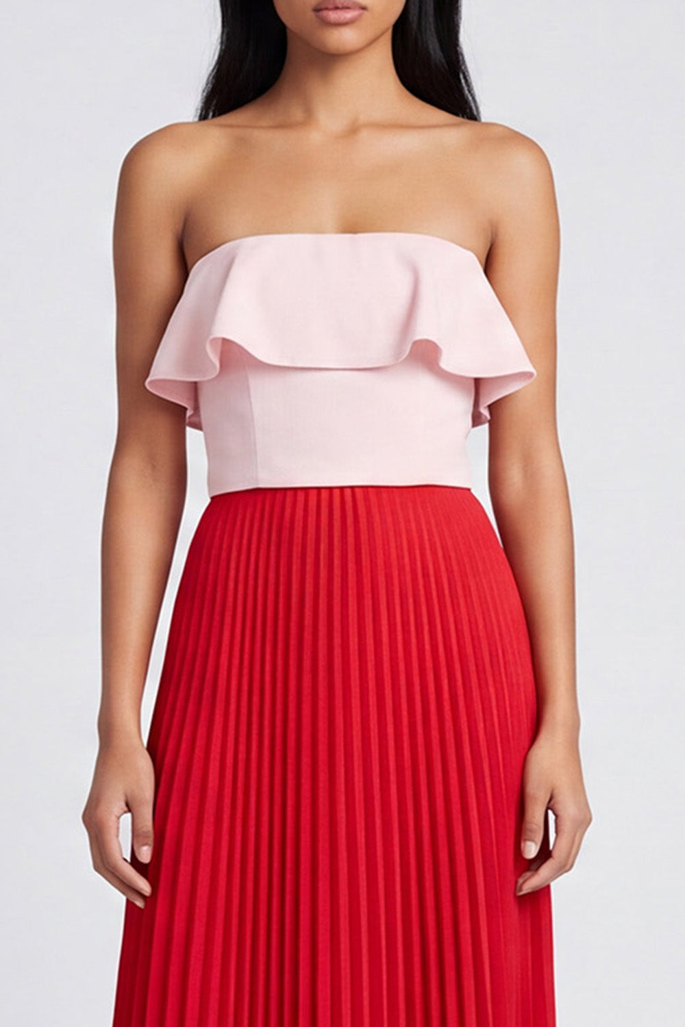 A Line Pink and Red Long Color Block Patchwork Formal Dress with Pleats