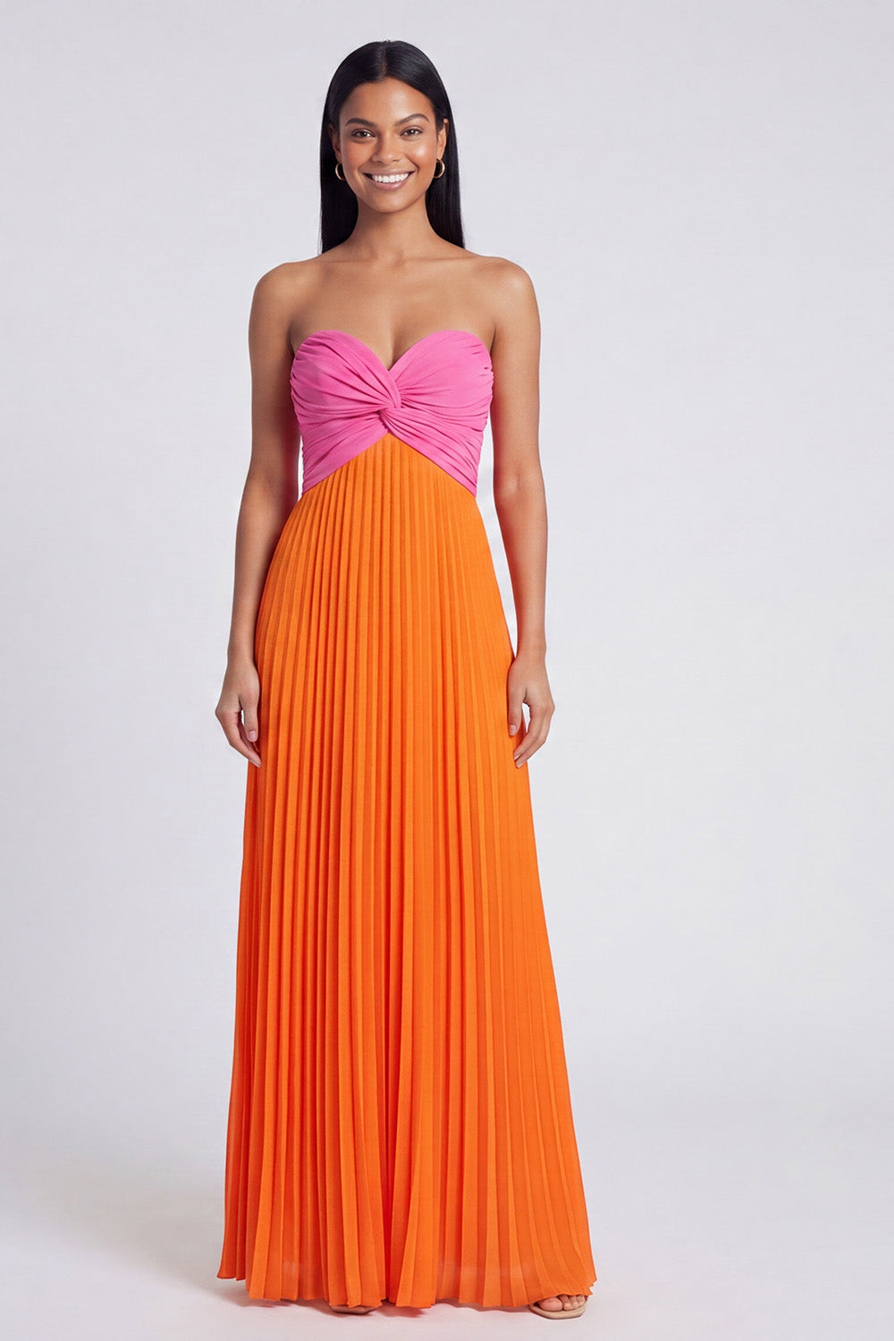 Pink and Orange Empire Waist Long Color Block Patchwork Ruched Formal Dress