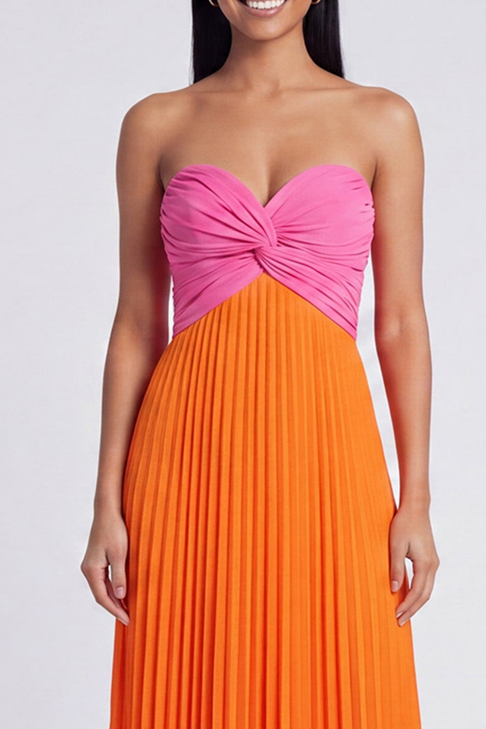 Pink and Orange Empire Waist Long Color Block Patchwork Ruched Formal Dress