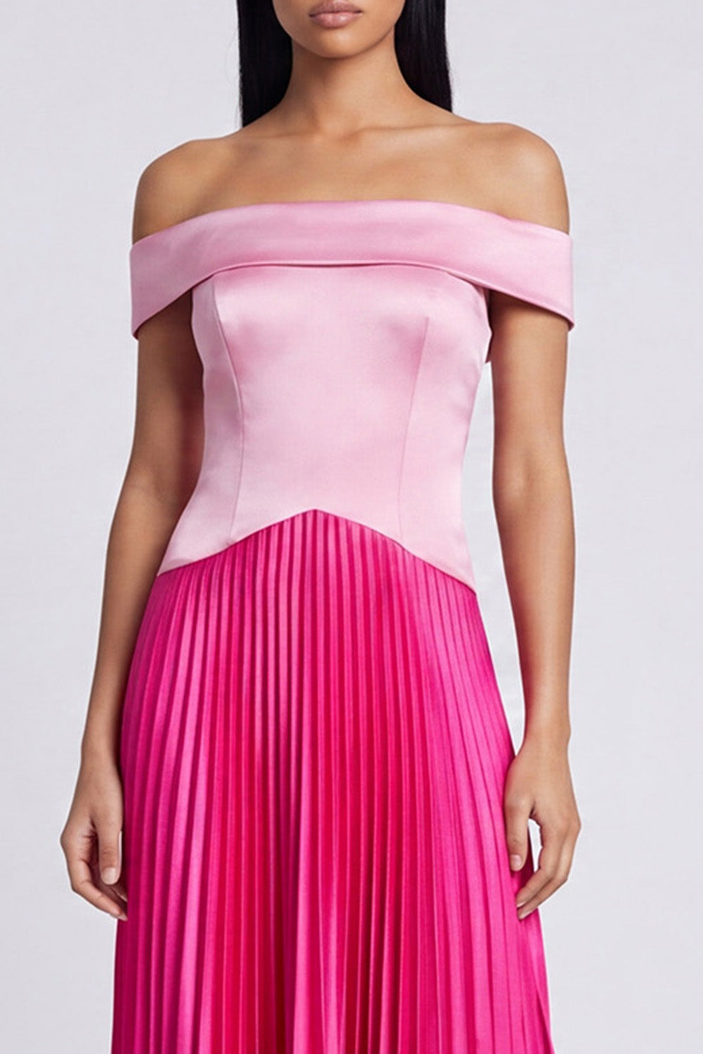 Pink and Fuchsia A Line Color Block Patchwork Long Formal Dress with Pleats