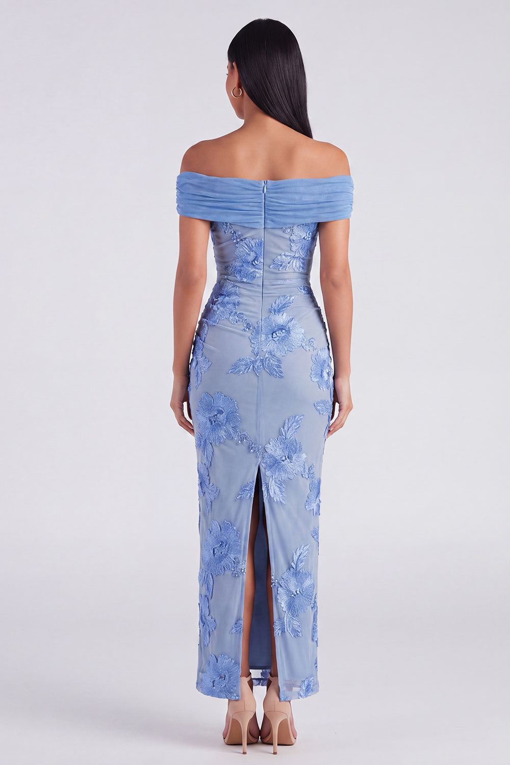 Off the Shoulder Blue Floral Maxi Mermaid Formal Dress with Back Slit