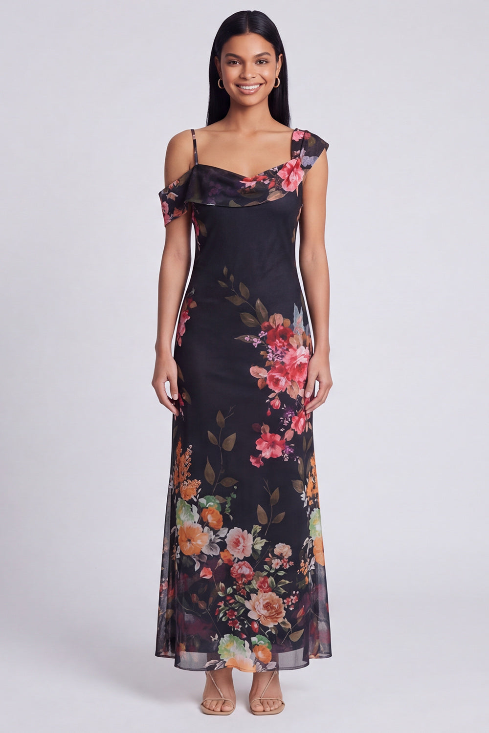 Ivory Floral One Shoulder Mermaid Maxi Formal Dress