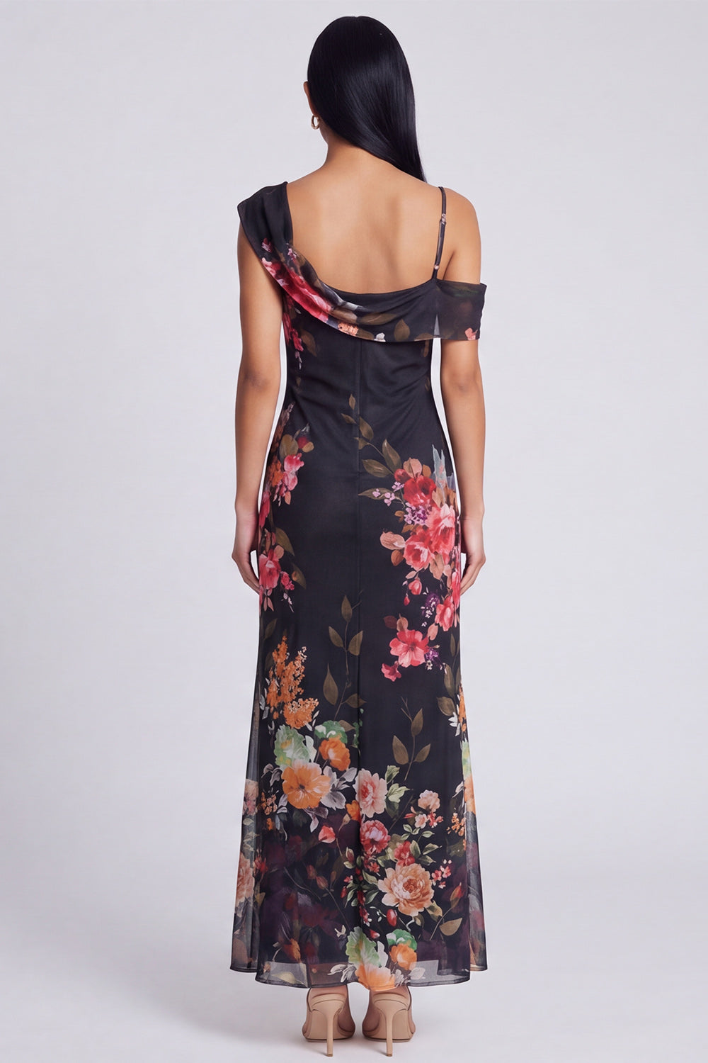 Ivory Floral One Shoulder Mermaid Maxi Formal Dress