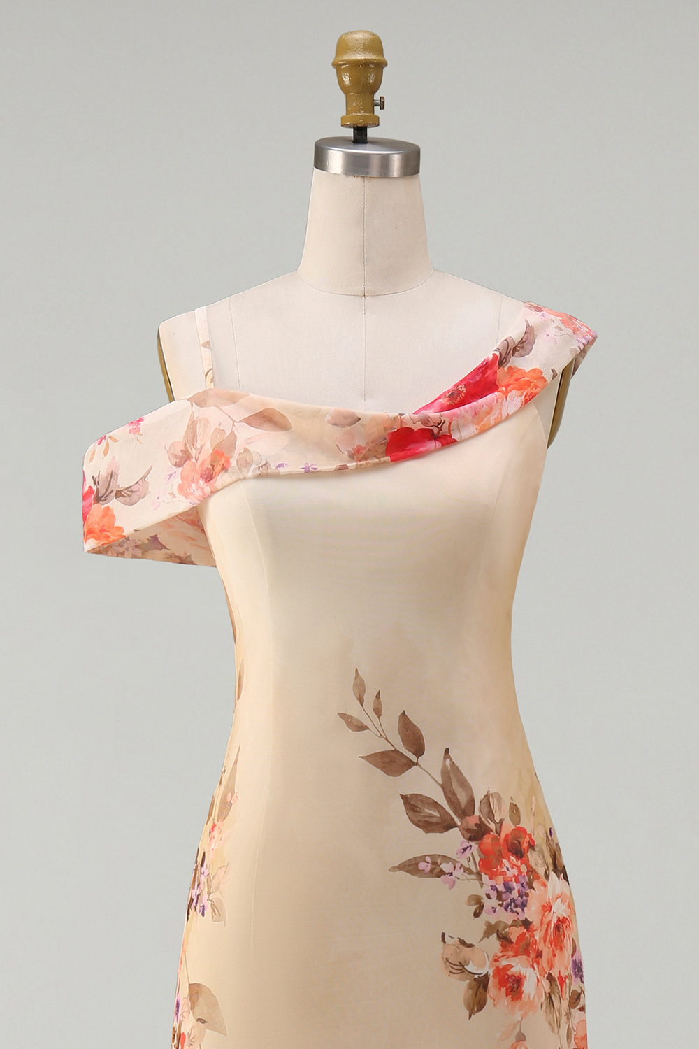Ivory Floral One Shoulder Mermaid Maxi Formal Dress