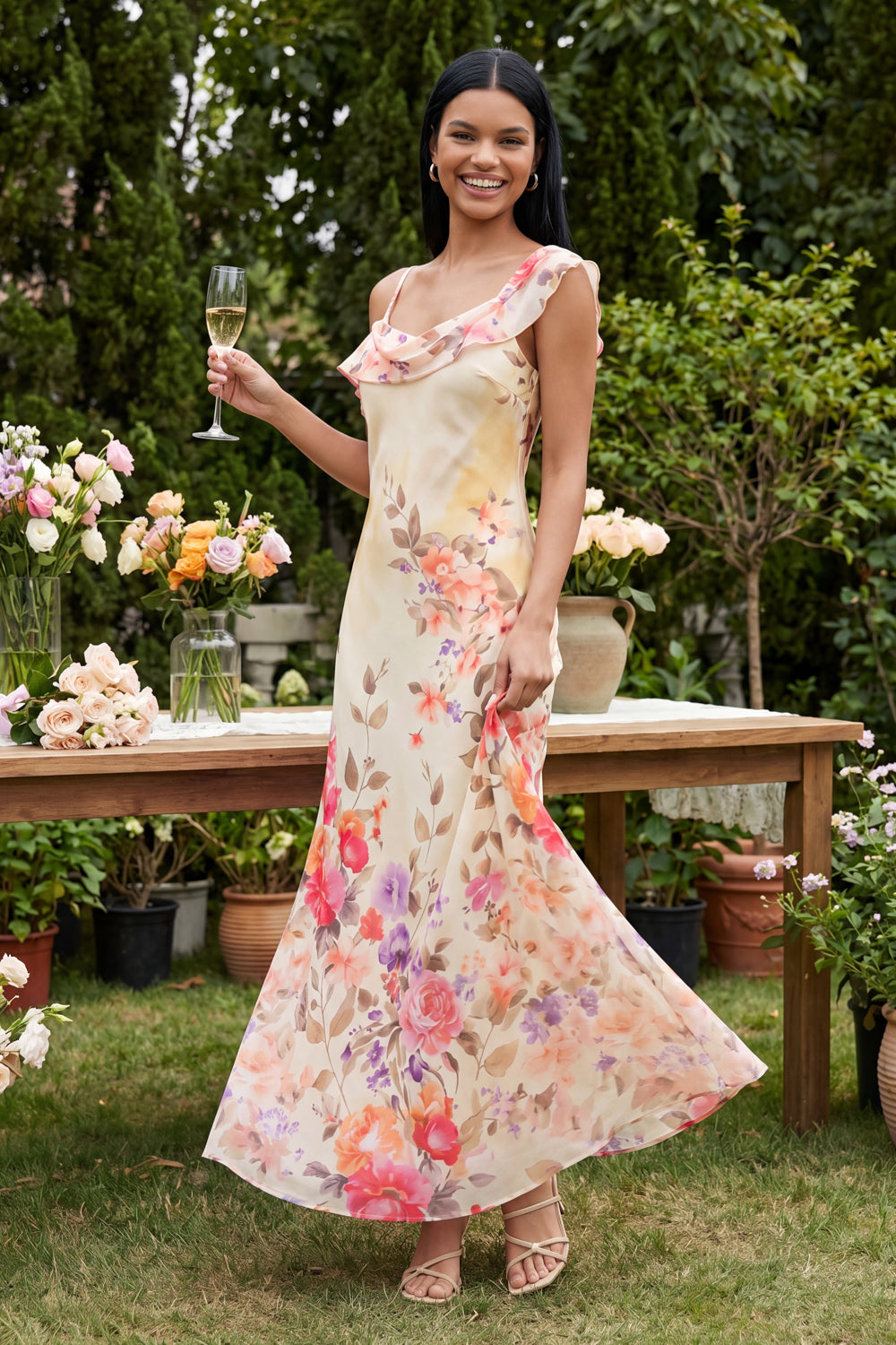 Ivory Floral One Shoulder Mermaid Maxi Formal Dress