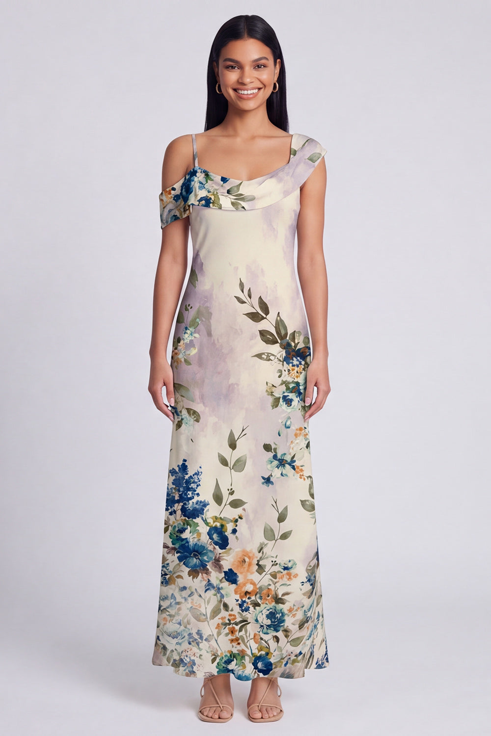 Ivory Floral One Shoulder Mermaid Maxi Formal Dress