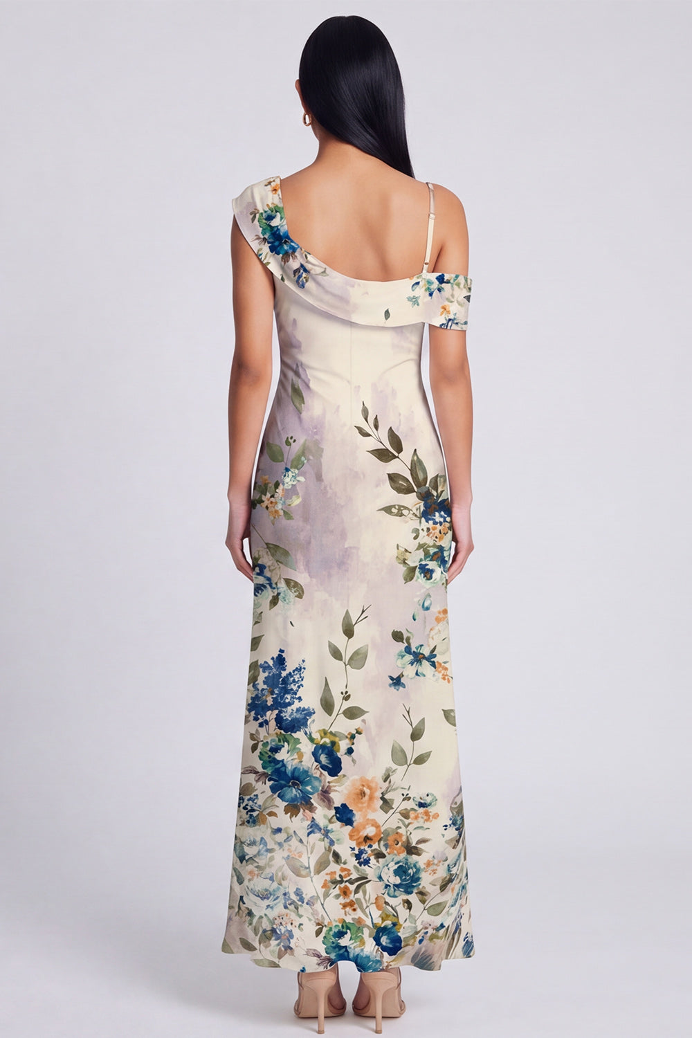Ivory Floral One Shoulder Mermaid Maxi Formal Dress