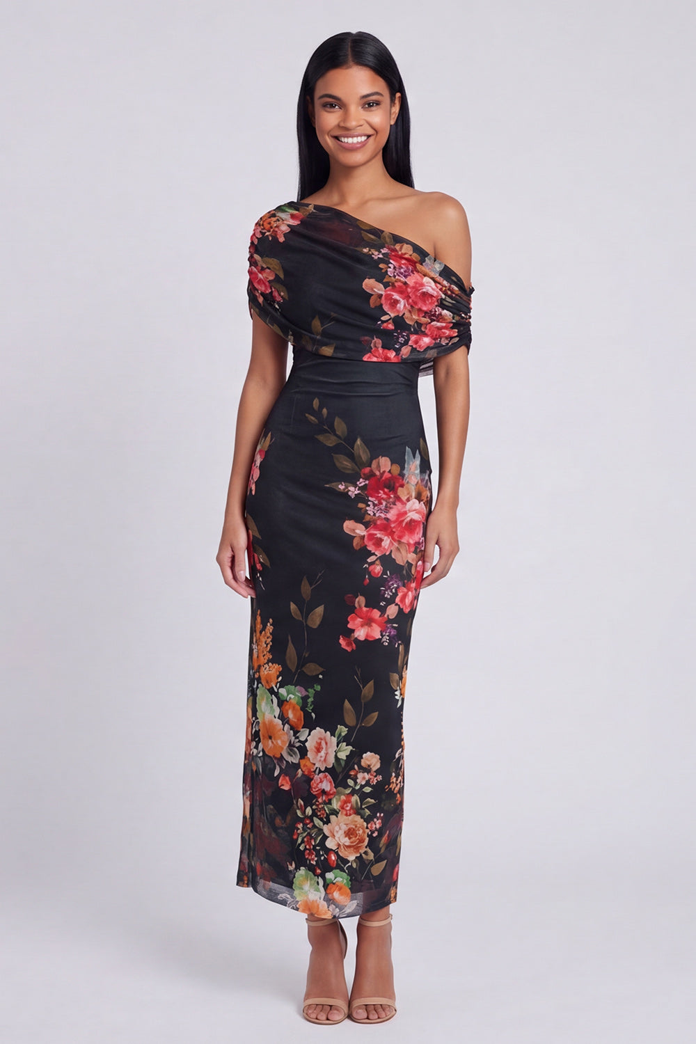 One Shoulder Sheath Ruched Ivory Floral Maxi Formal Dress