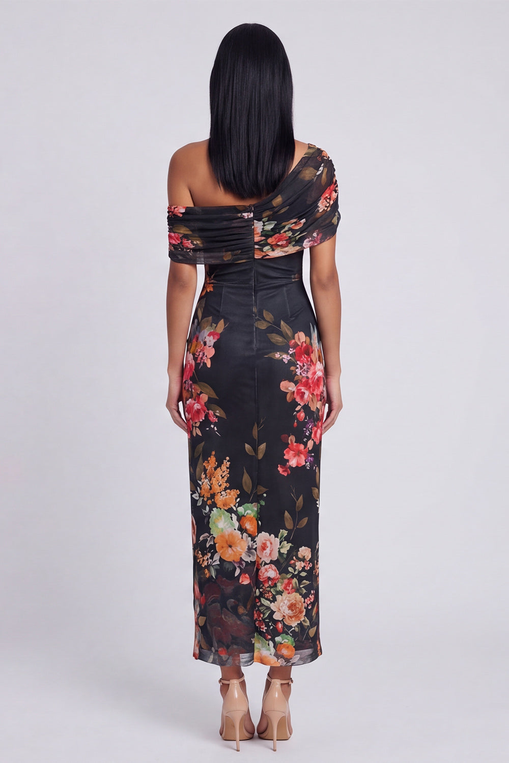 One Shoulder Sheath Ruched Ivory Floral Maxi Formal Dress