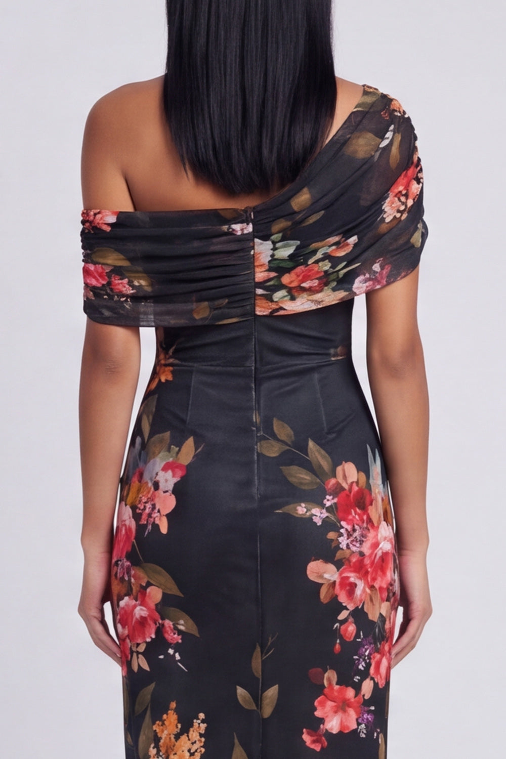 One Shoulder Sheath Ruched Ivory Floral Maxi Formal Dress