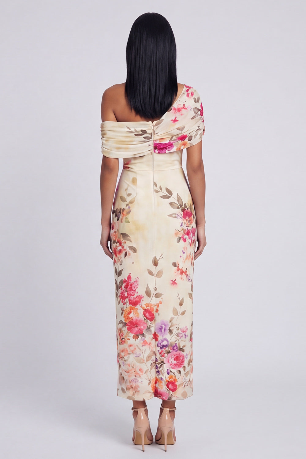 One Shoulder Sheath Ruched Ivory Floral Maxi Formal Dress