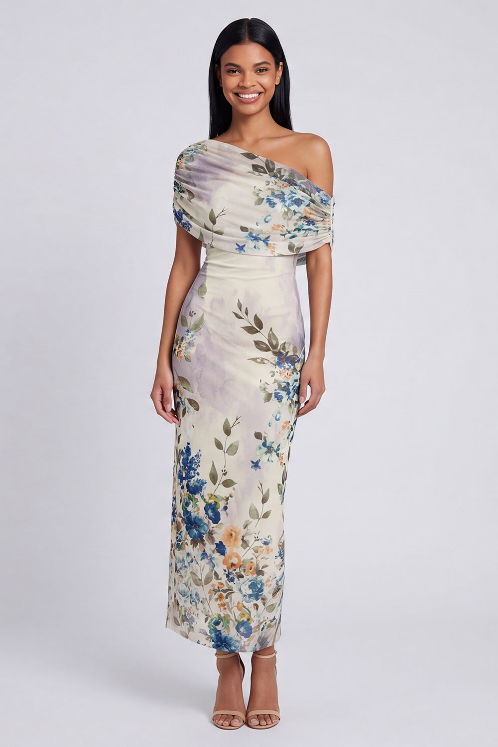 One Shoulder Sheath Ruched Ivory Floral Maxi Formal Dress