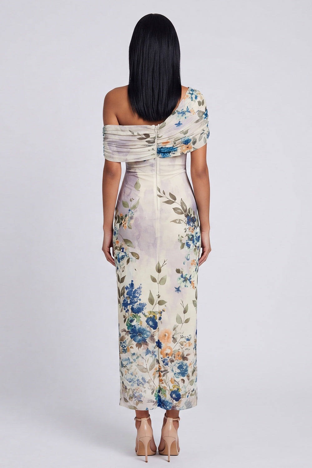 One Shoulder Sheath Ruched Ivory Floral Maxi Formal Dress