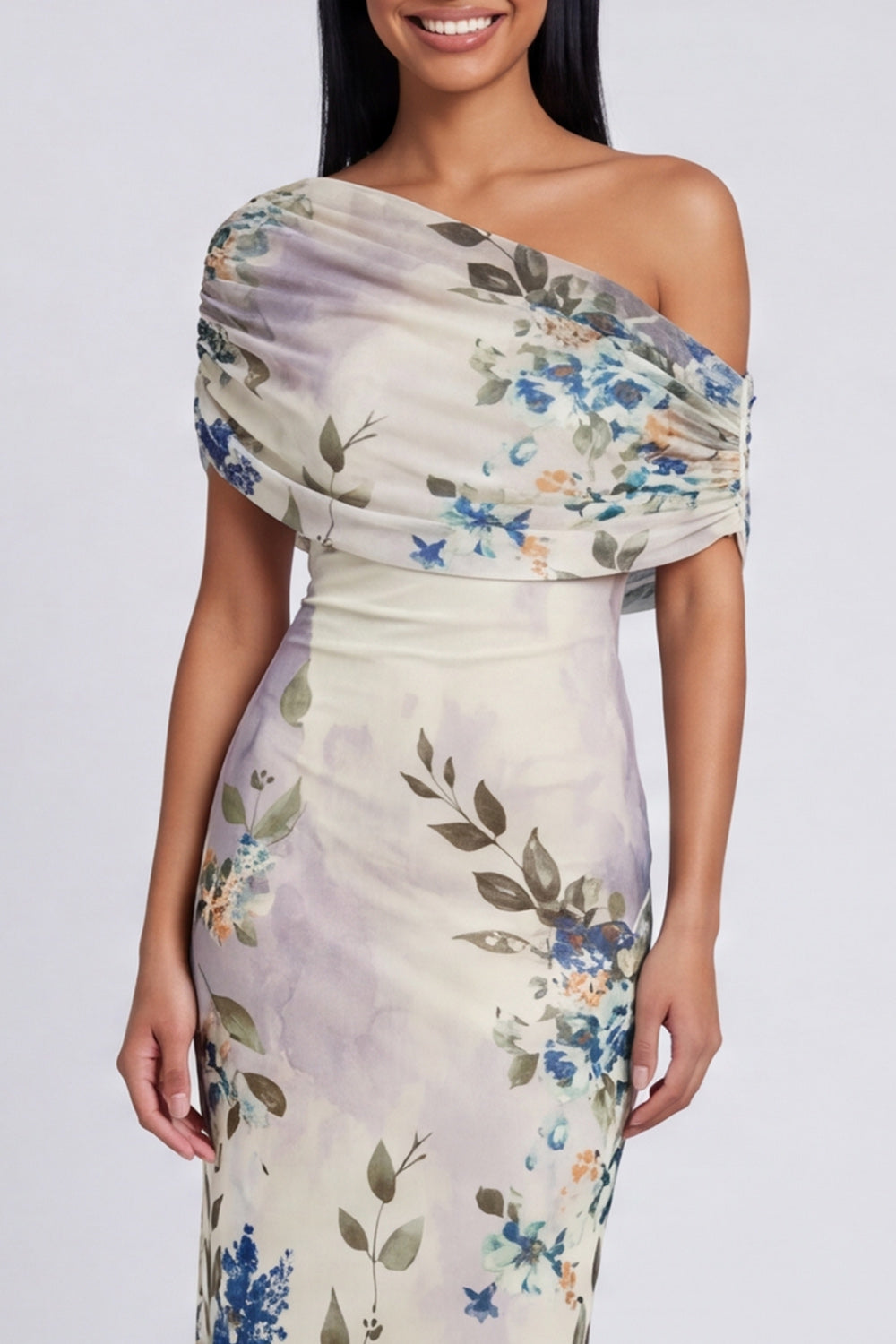 One Shoulder Sheath Ruched Ivory Floral Maxi Formal Dress