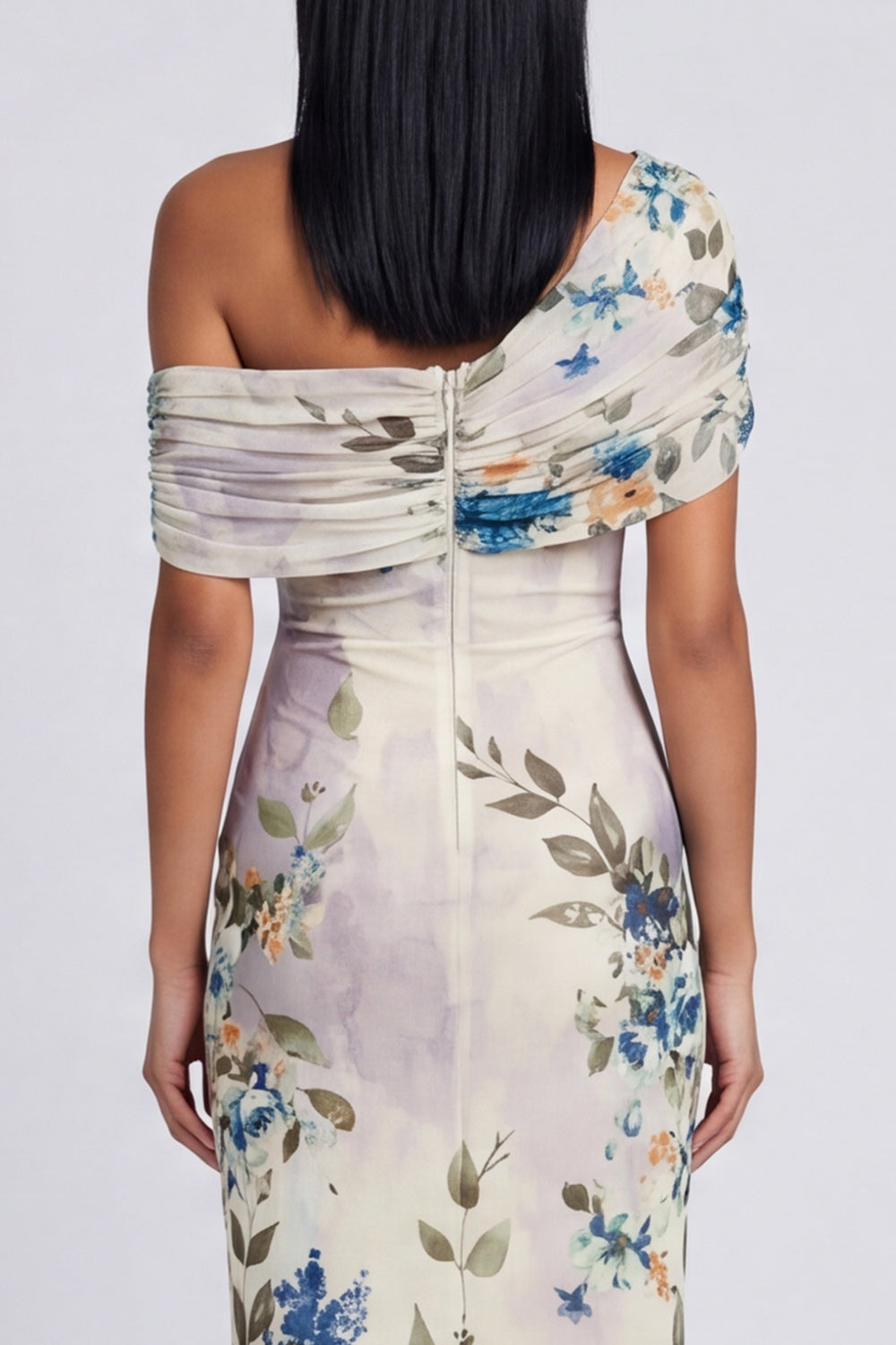 One Shoulder Sheath Ruched Ivory Floral Maxi Formal Dress