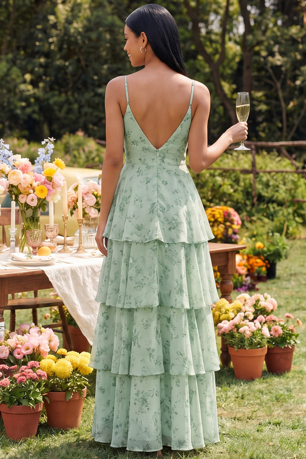 Dusty Sage Maxi A Line Ruffled Spaghetti Straps Formal Dress with Slit