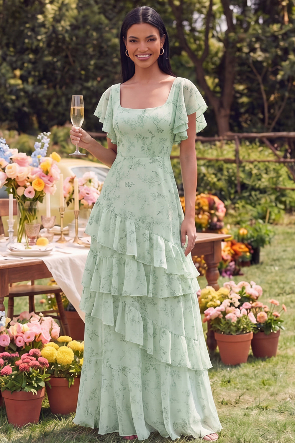 Square Neck Dusty Sage Maxi A Line Formal Dress with Ruffles