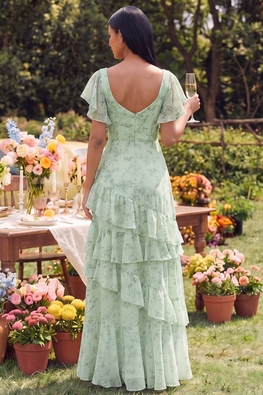 Square Neck Dusty Sage Maxi A Line Formal Dress with Ruffles