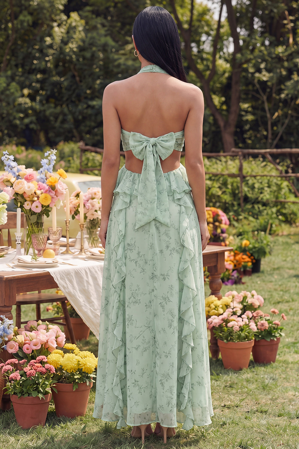 Halter Dusty Sage Maxi Cut Out A Line Ruffled Formal Dress with Bow