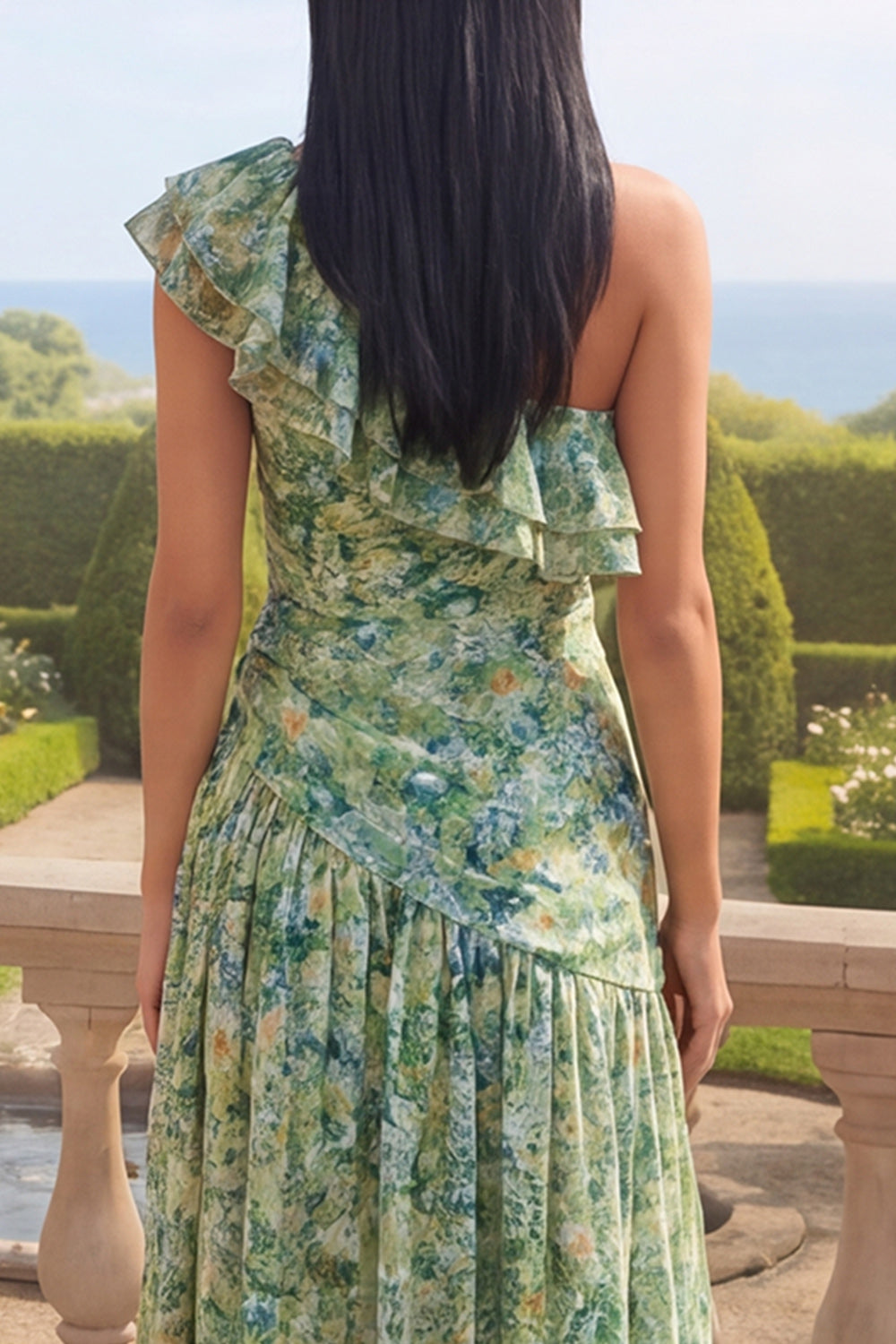 One Shoulder Ruched Dusty Green Asymmetrical A Line Formal Dress with Ruffles