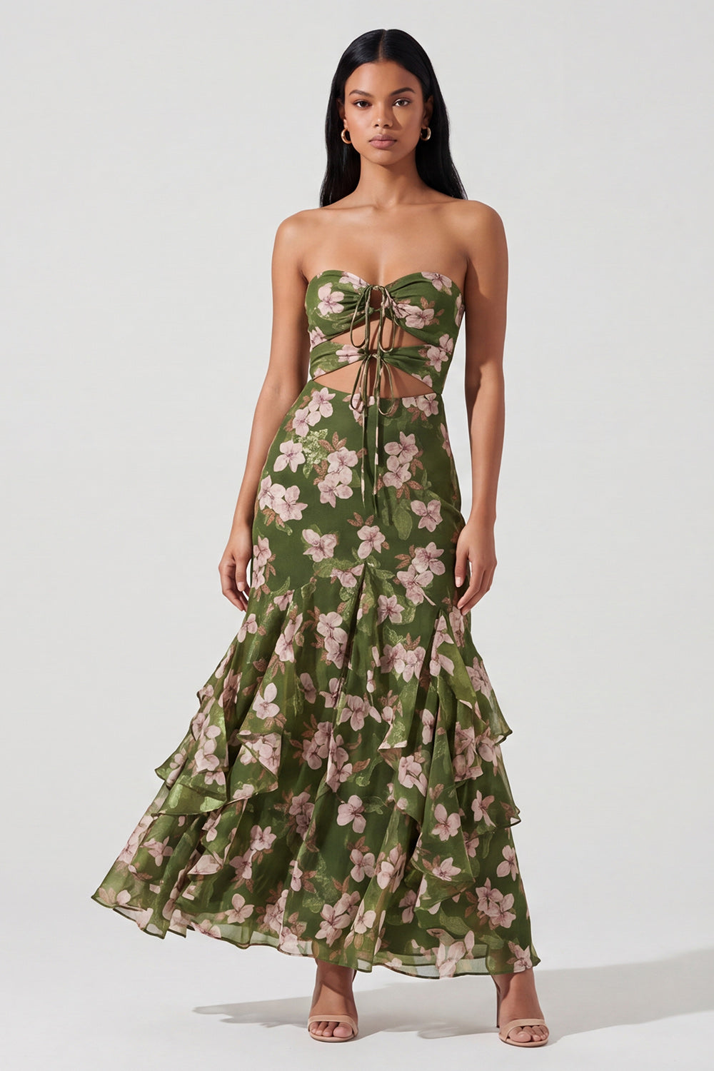 Dark Green Maxi Mermaid Keyhole Floral Formal Dress with Ruffles