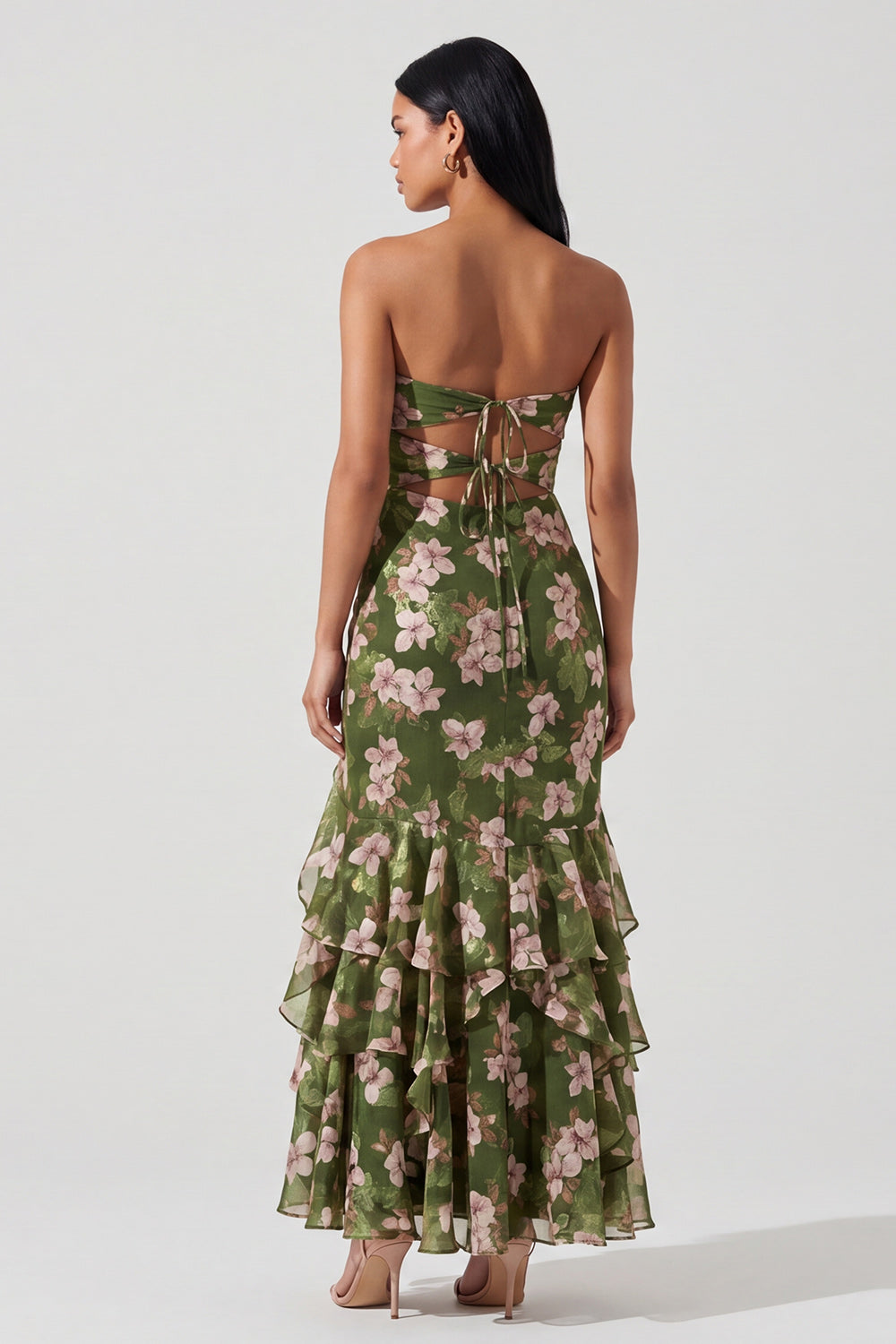 Dark Green Maxi Mermaid Keyhole Floral Formal Dress with Ruffles