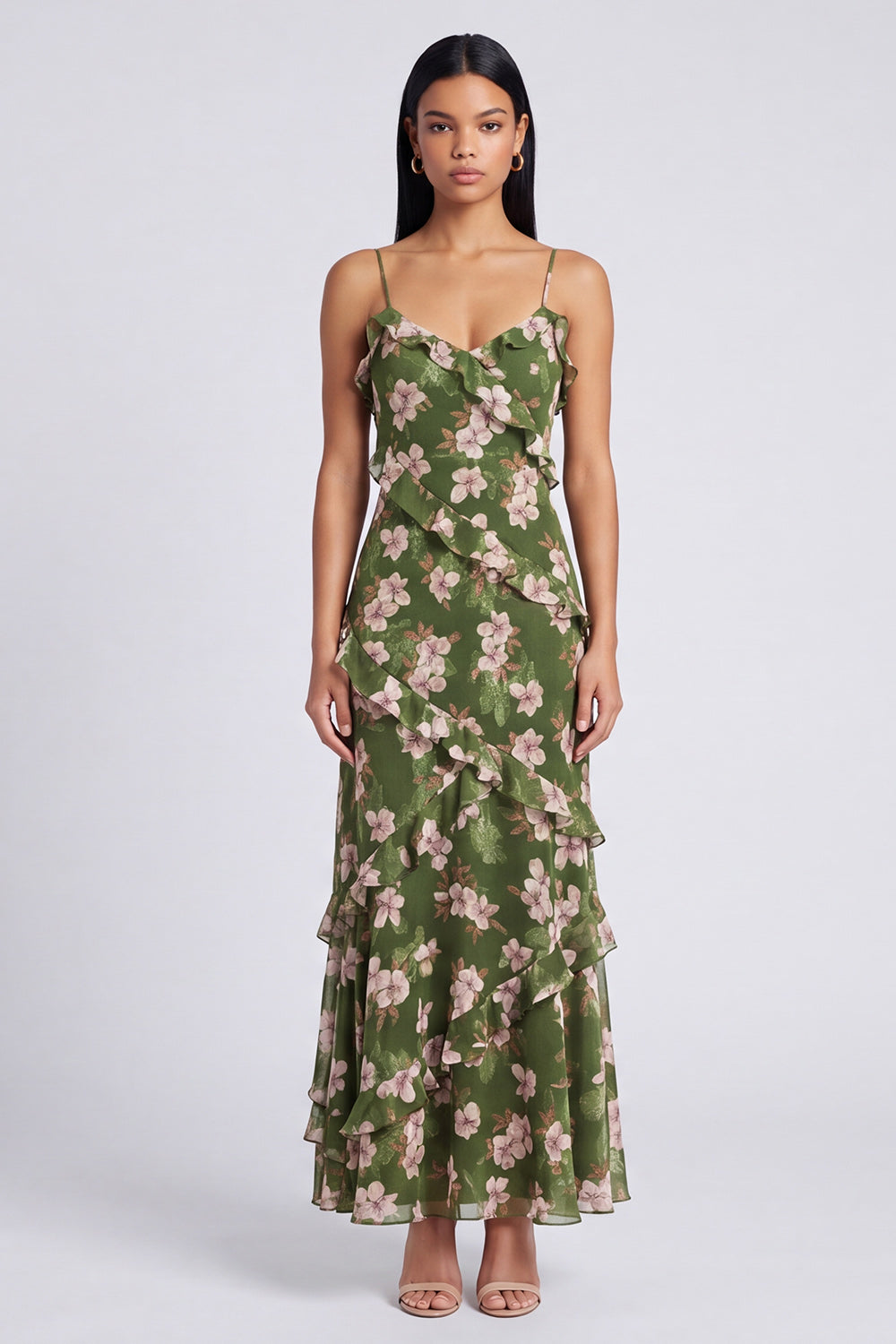 Dark Green Floral Maxi Spaghetti Straps A Line Formal Dress with Ruffles