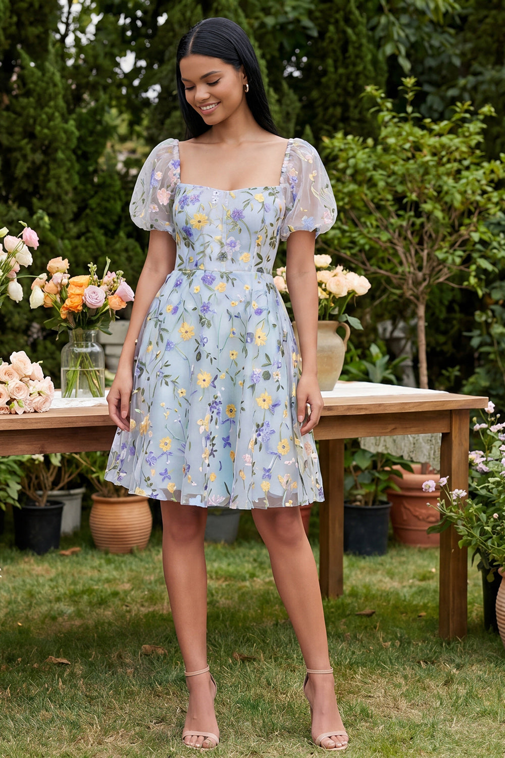 Short Square Neck Blue Flower A Line Homecoming Dress