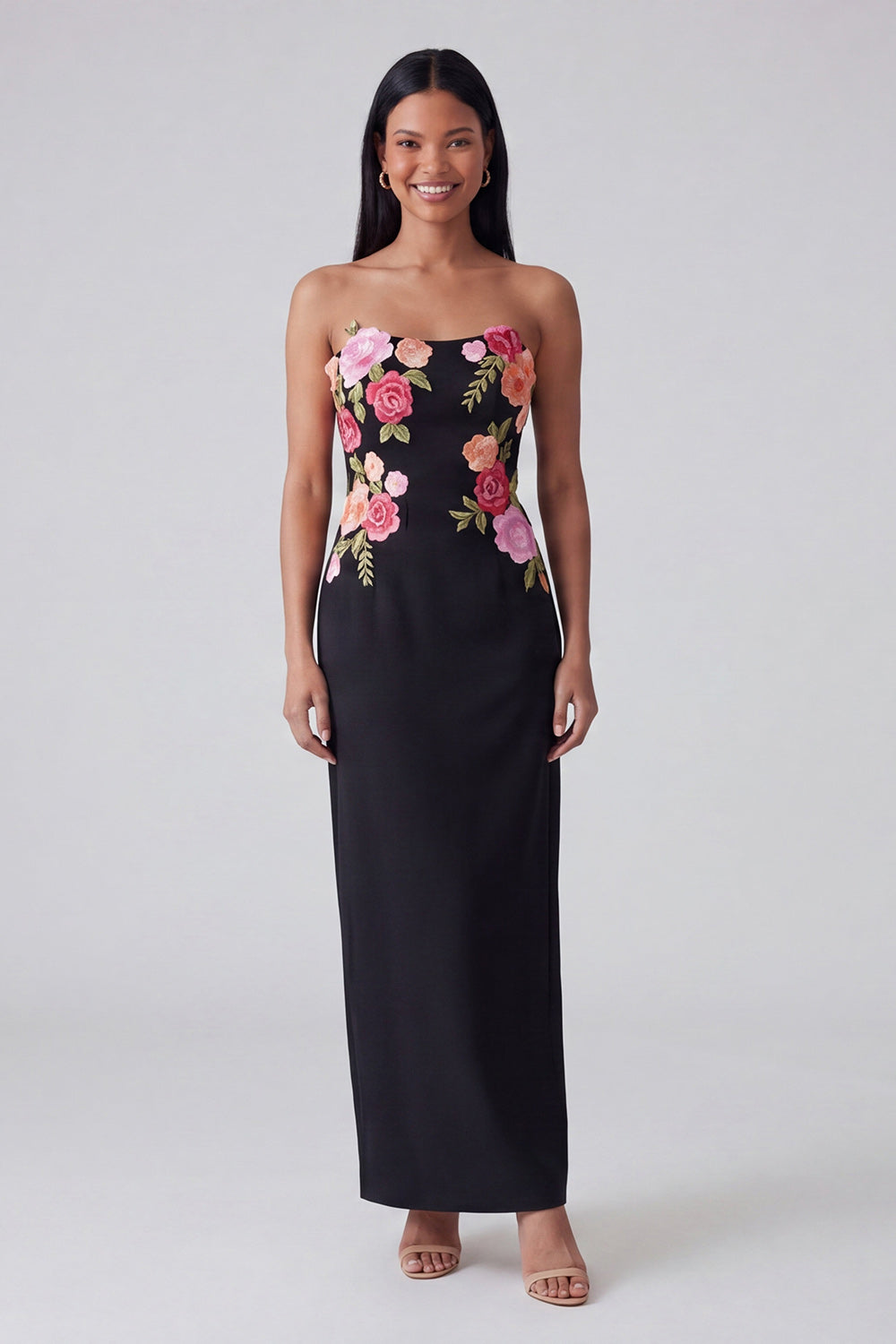 Strapless Light Yellow Floral Maxi Sheath Formal Dress